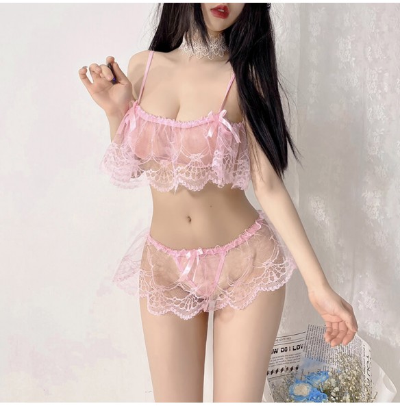 FEE ET MOI - Sheer Lace Bandeau Bikini Set (Pink) FEE ET MOI - Sheer Lace Bandeau Bikini Set (Pink)